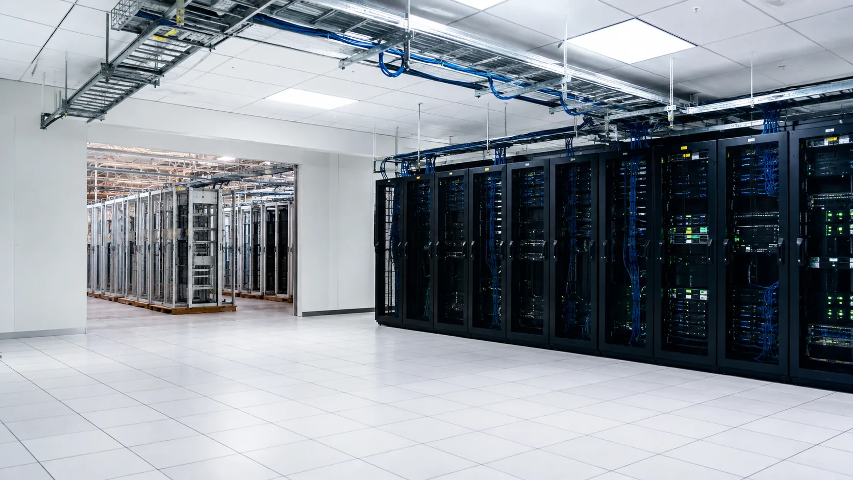 Modular data centre infrastructure with equipment racks and overhead cable containment