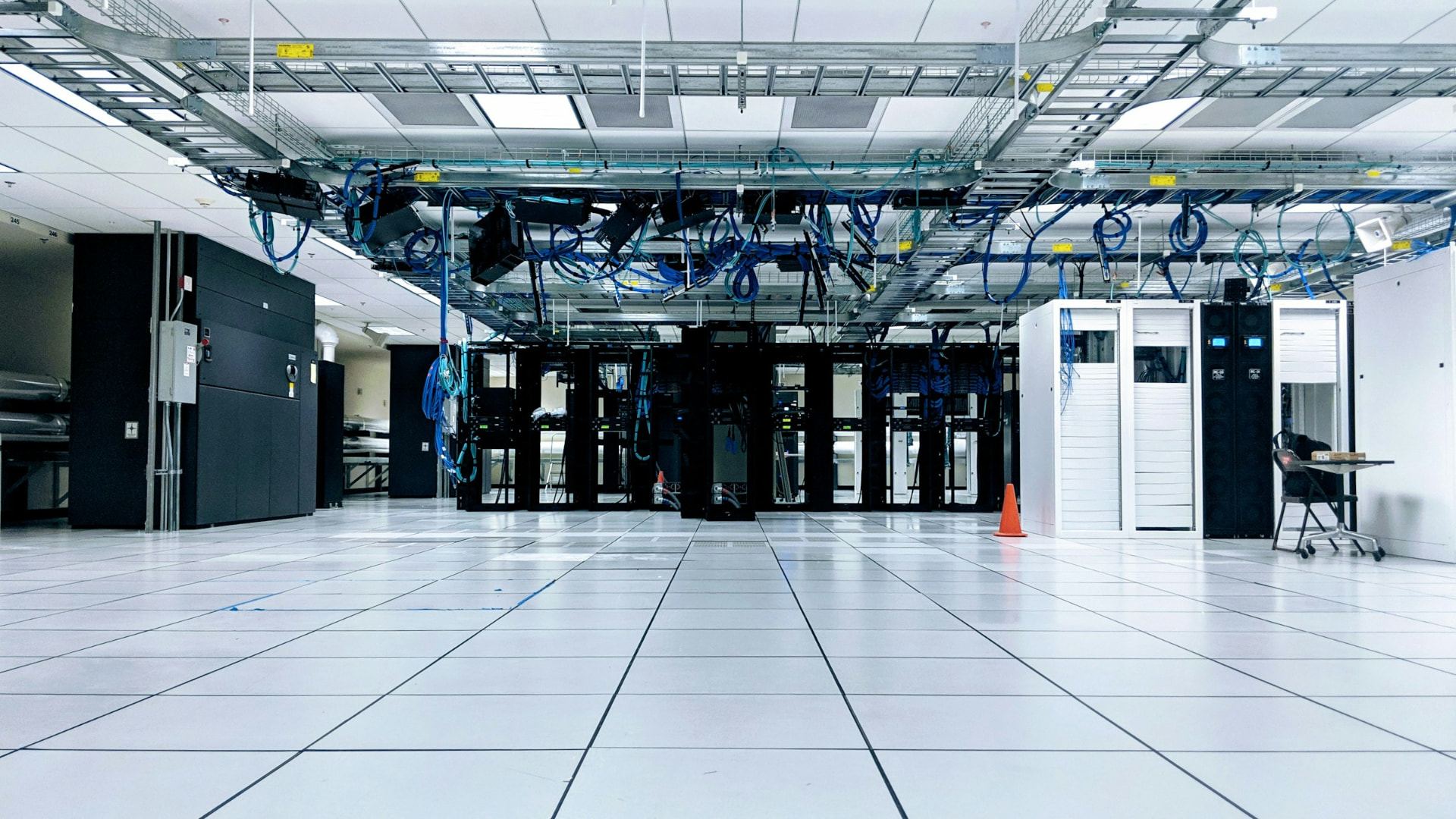 Data centre equipment racks with overhead cable containment and technical infrastructure