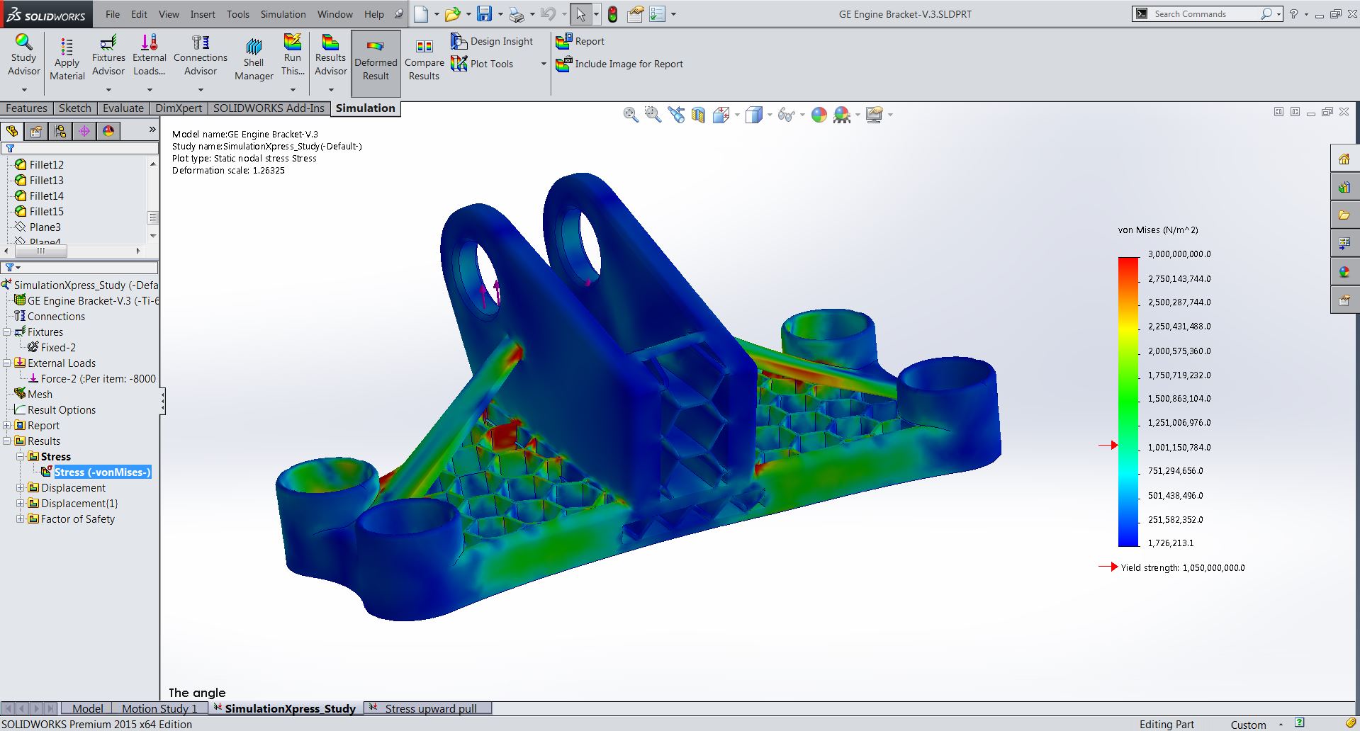 Finite element stress analysis of an engineered bracket shown in SolidWorks Simulation