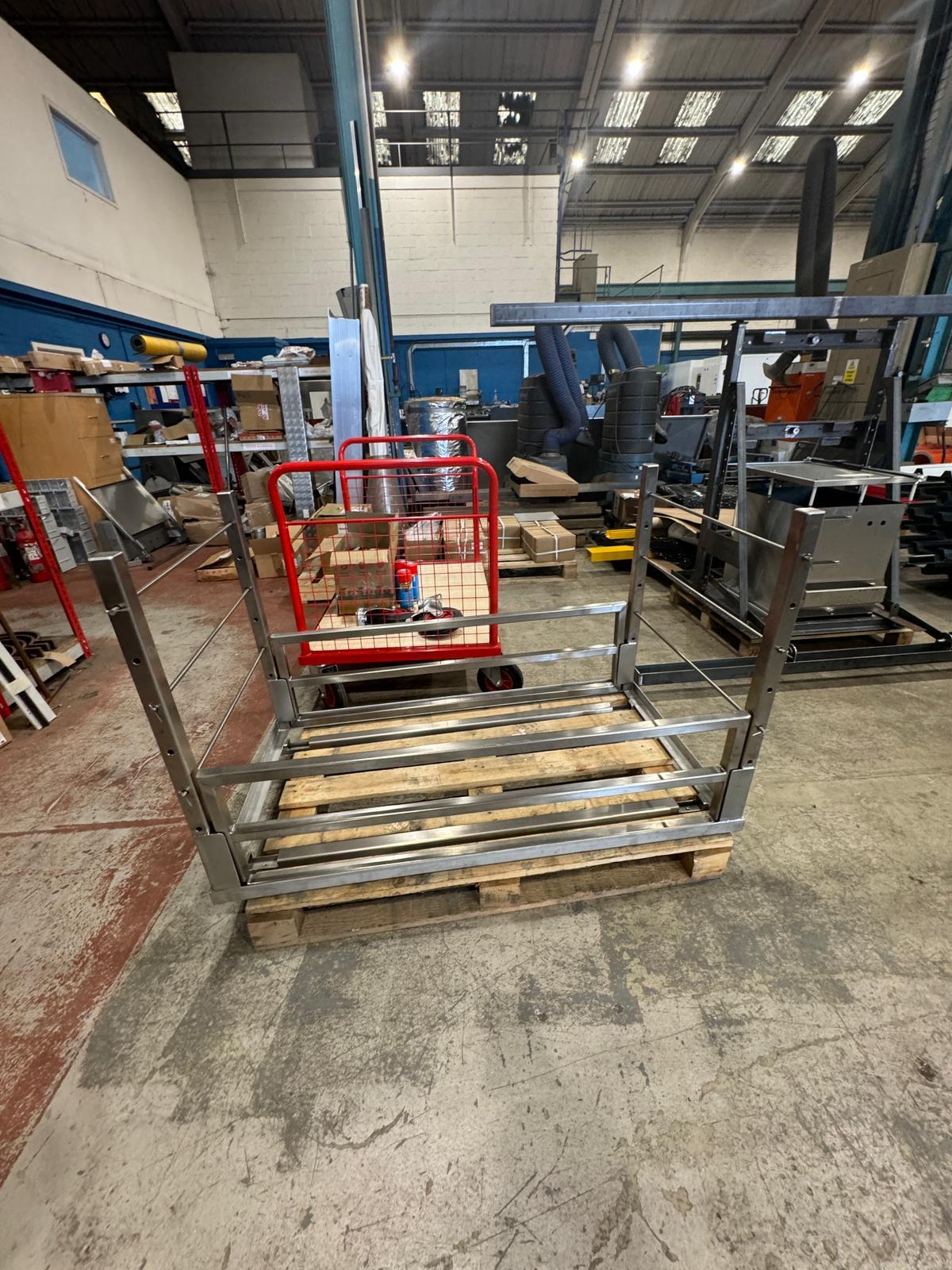 Front view of the fabricated autoclave trolley frame in the workshop