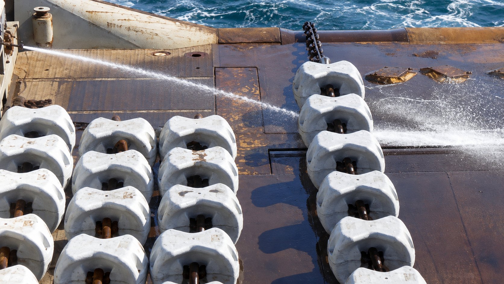 Offshore mooring chain components arranged on a vessel deck during marine operations